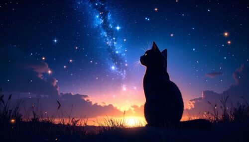 【保存版】猫の毛色が持つスピリチュアルな意味まとめ Firefly_黒猫が星空の下で神秘的な光を放っているイラスト 382638 (1)