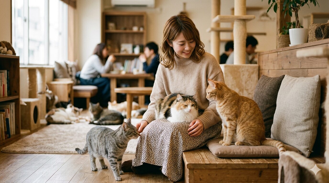 ソファに座った女性が猫に囲まれて優しく微笑んでいます