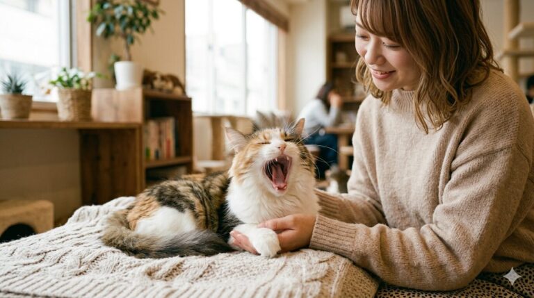 あくびしている猫と撫でている女性が写っています
