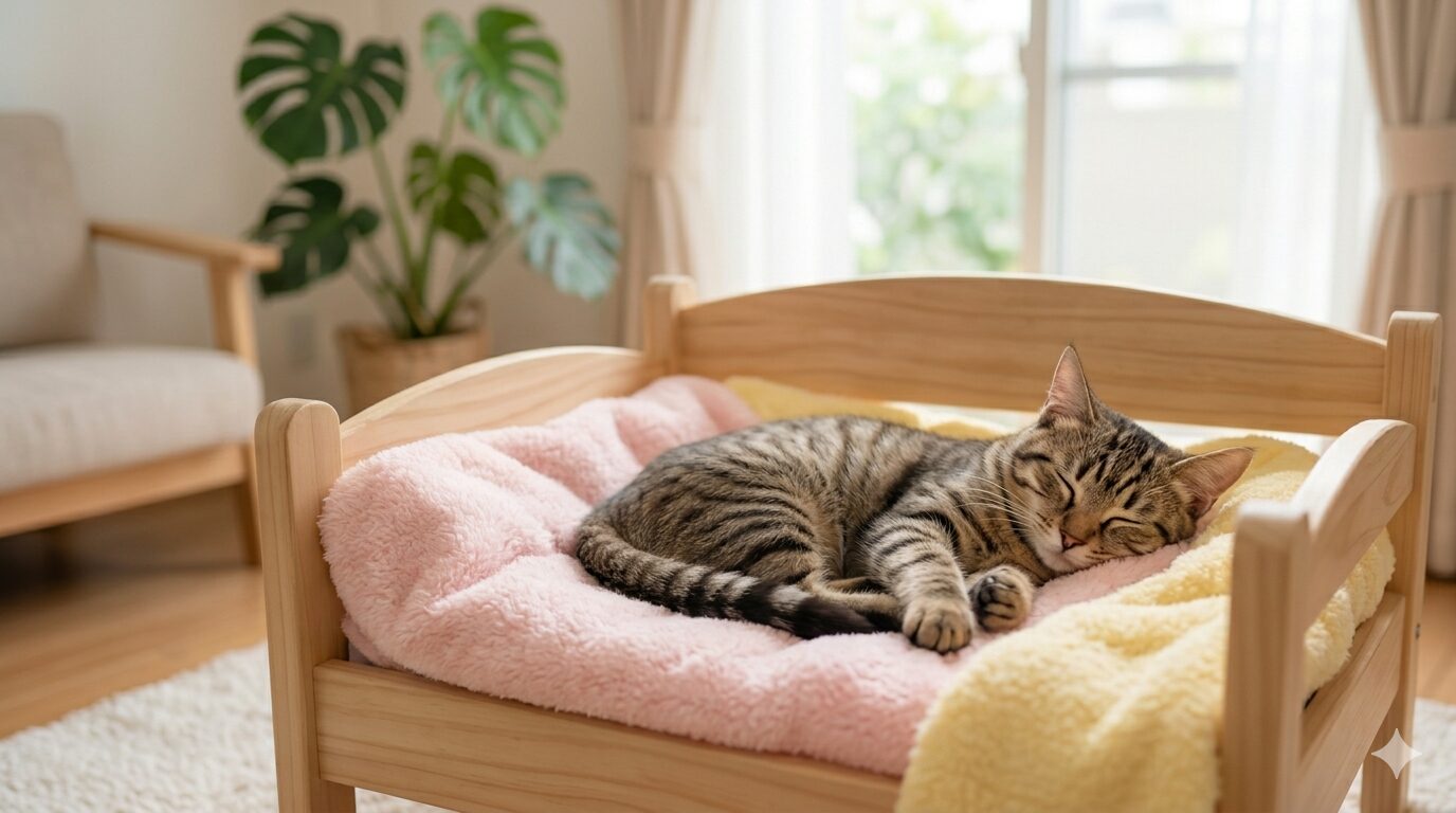 子猫が猫用ベッドの上ですやすや寝ています